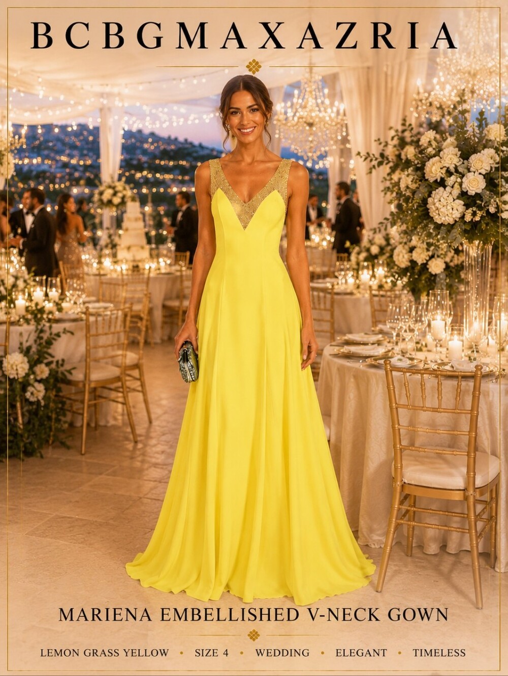 💛Taylor Swift Inspired BCBGMAXAZRIA Mariena Embellished V-Neck Yellow Gown US 4